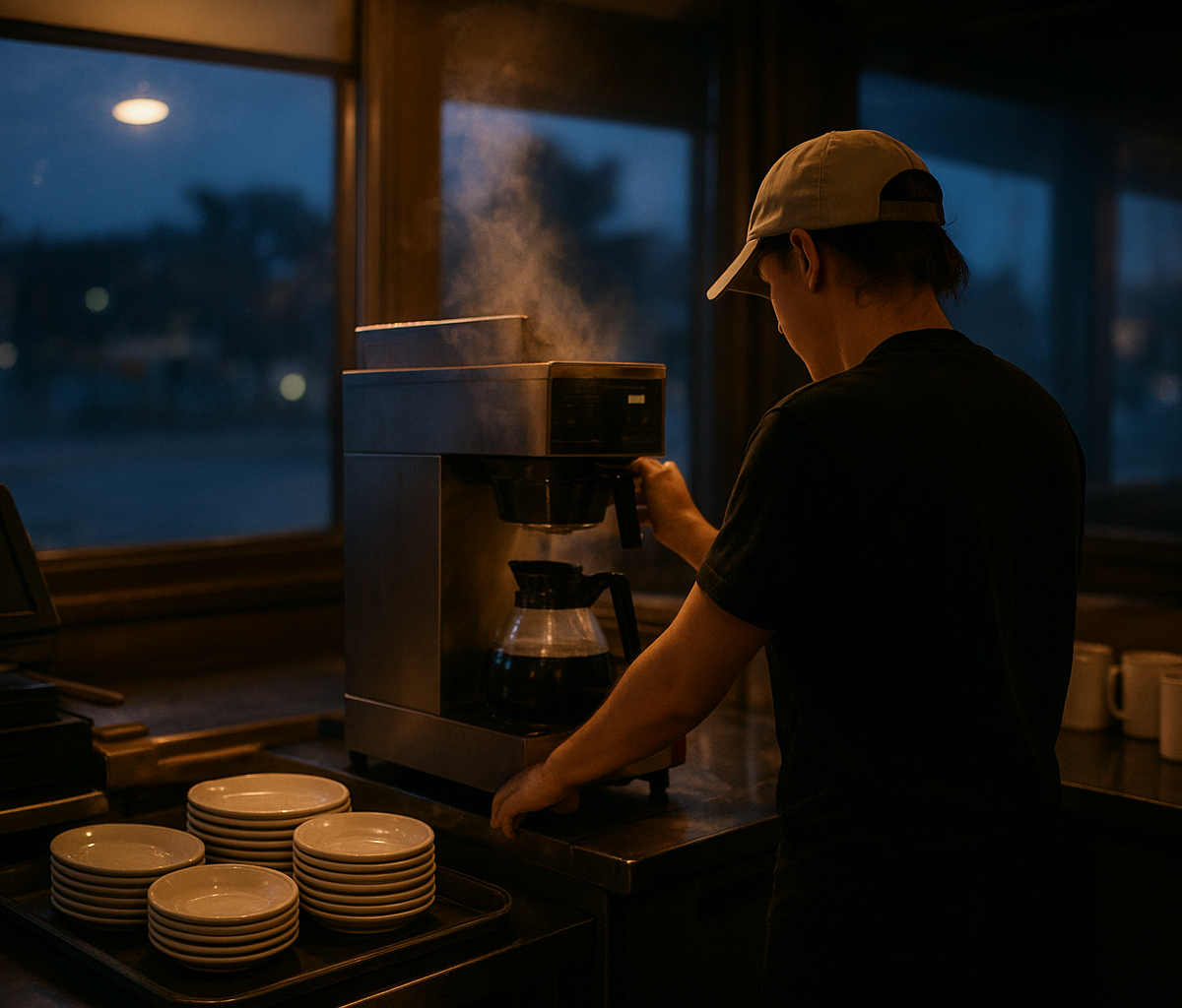 Coffee shop manager checking phone beside espresso bar before sunrise