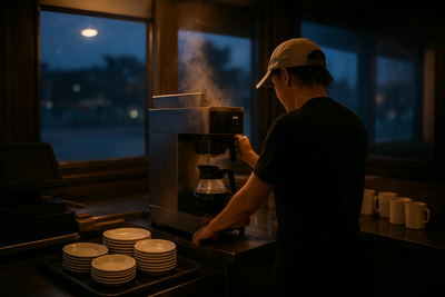 Coffee shop manager checking phone beside espresso bar before sunrise