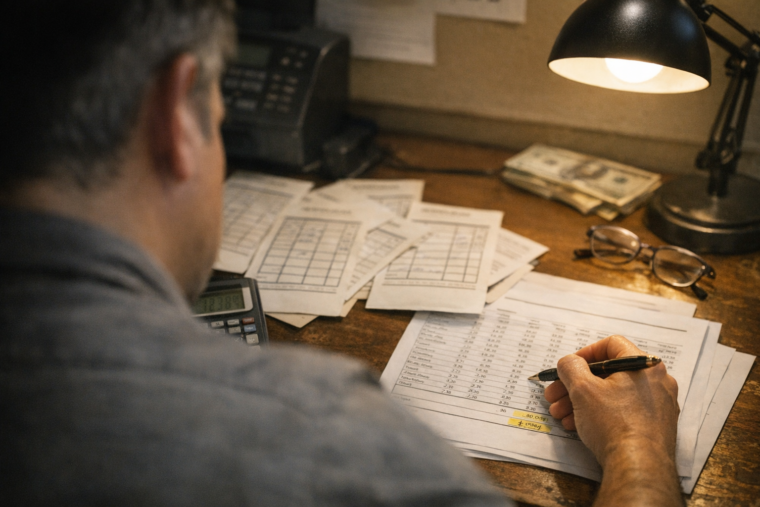 Restaurant manager reviewing staff schedule in busy kitchen office
