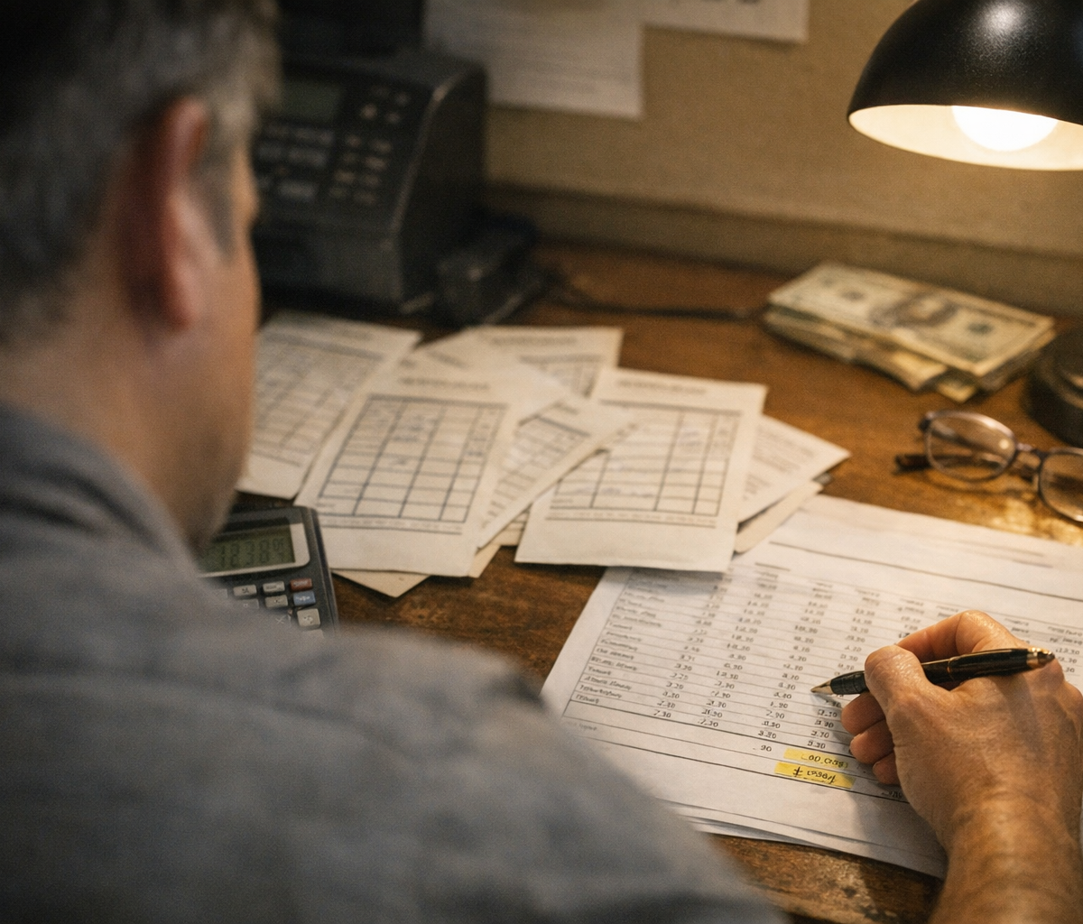 Restaurant manager reviewing staff schedule in busy kitchen office