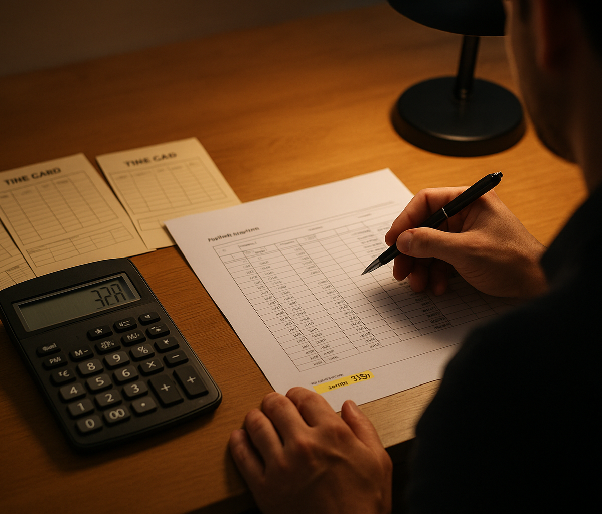 Restaurant manager reviewing schedule while cooks work during a busy dinner shift
