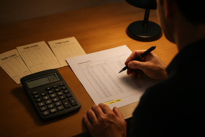 Restaurant manager reviewing schedule while cooks work during a busy dinner shift