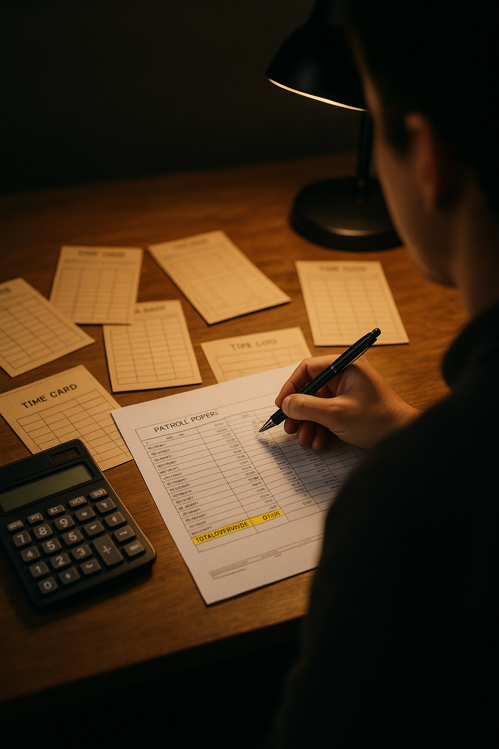 Restaurant manager reviewing schedules while kitchen staff work during dinner rush