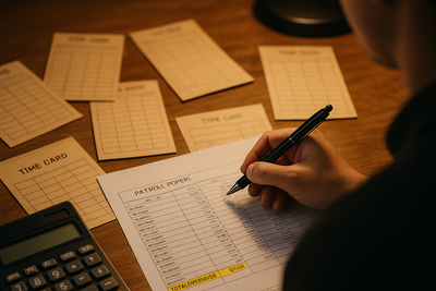 Restaurant manager reviewing schedules while kitchen staff work during dinner rush