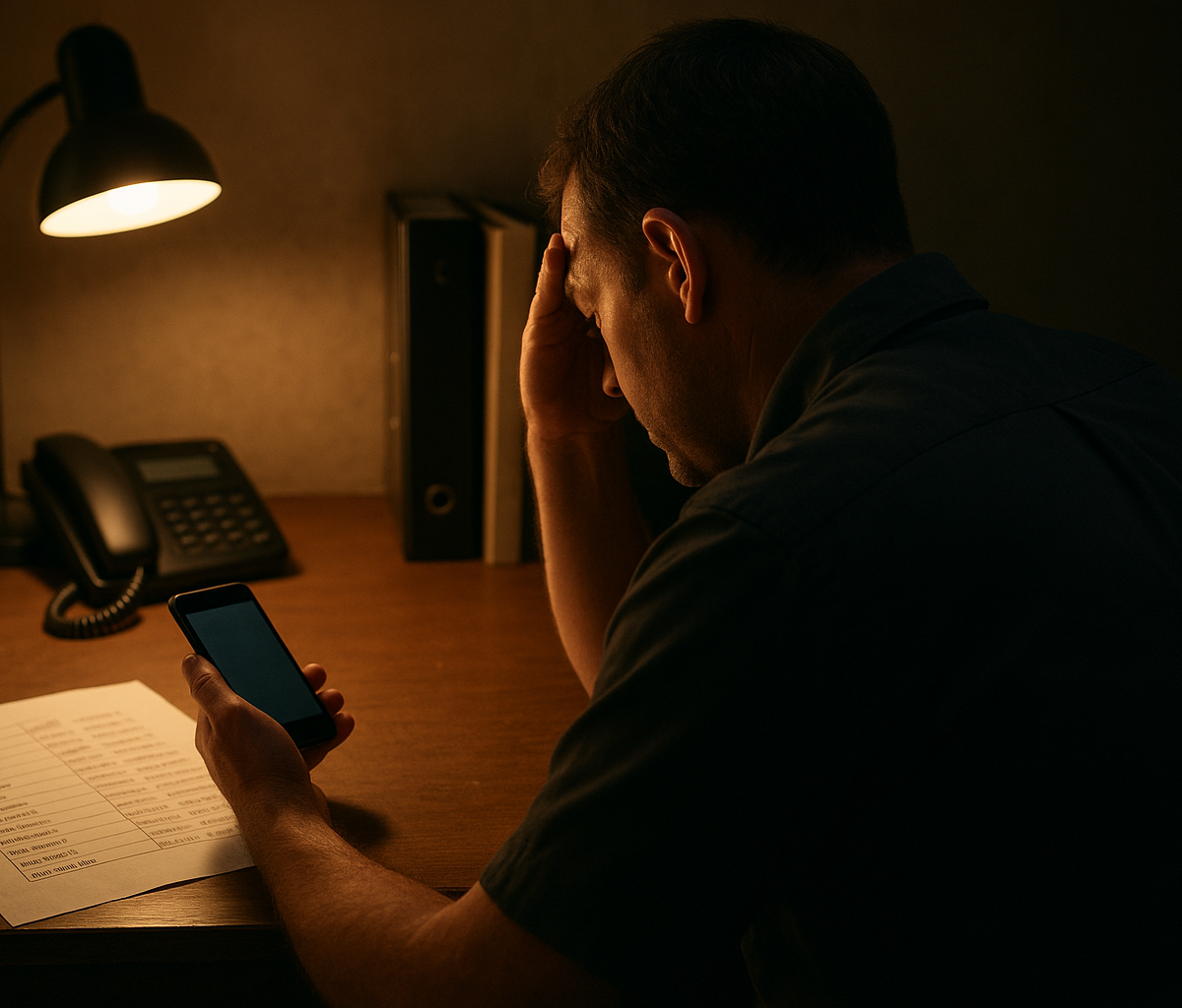 Restaurant manager checking staff list beside busy dining room host stand