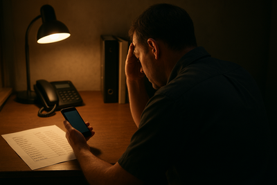 Restaurant manager checking staff list beside busy dining room host stand