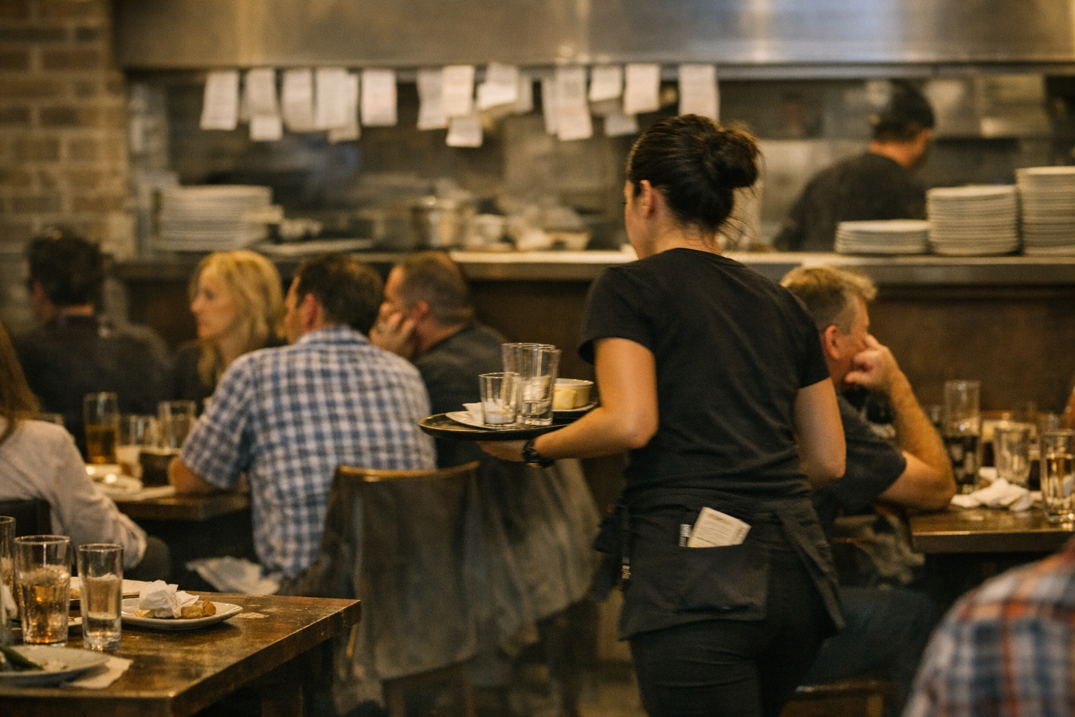 Restaurant manager reviewing floor plan during busy dinner service