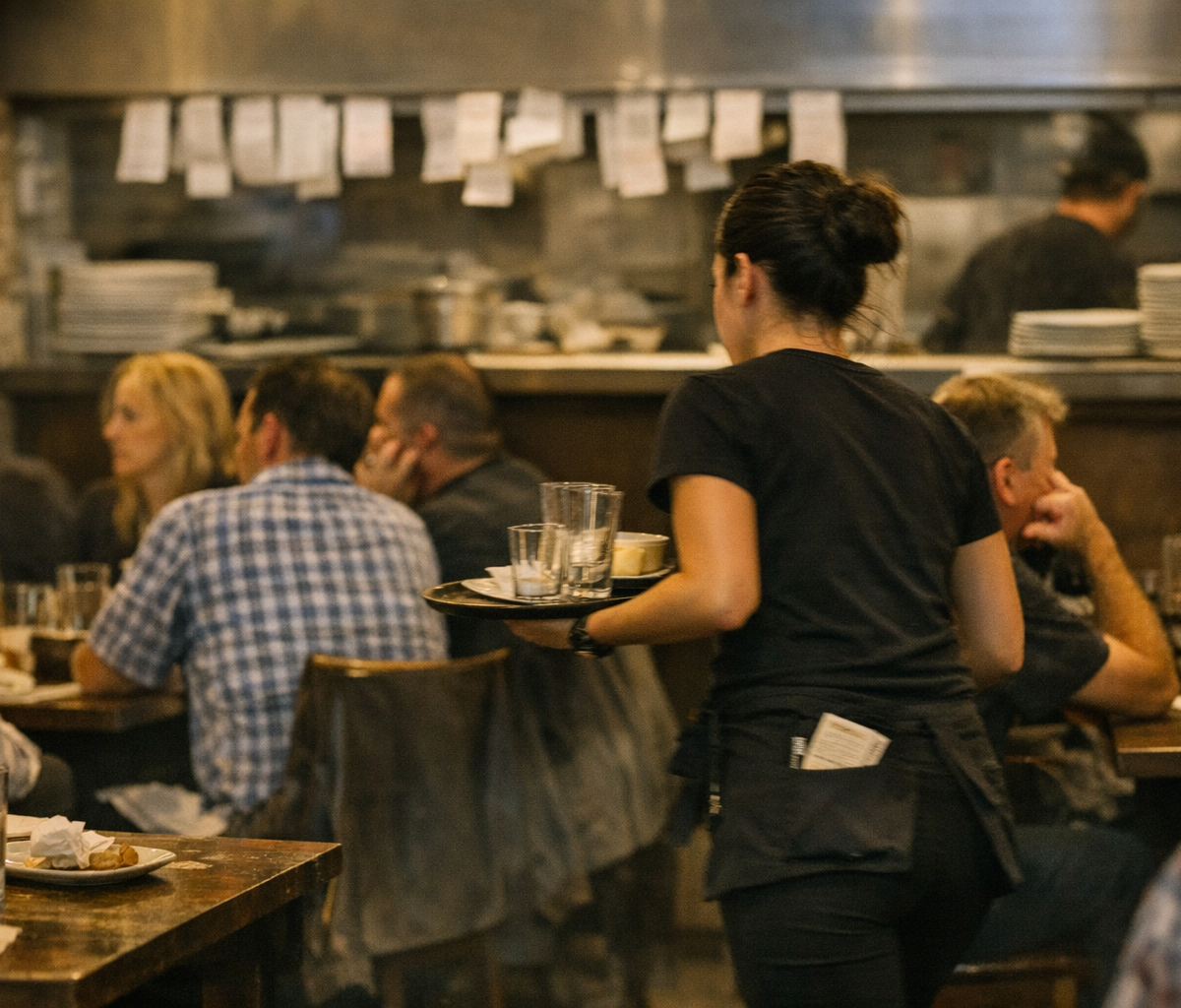 Restaurant manager reviewing floor plan during busy dinner service