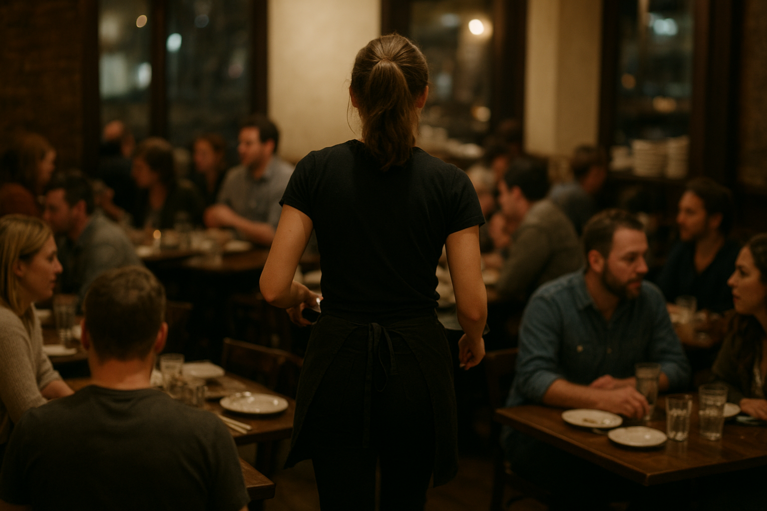 Restaurant manager reviewing floor plan during a busy dinner service