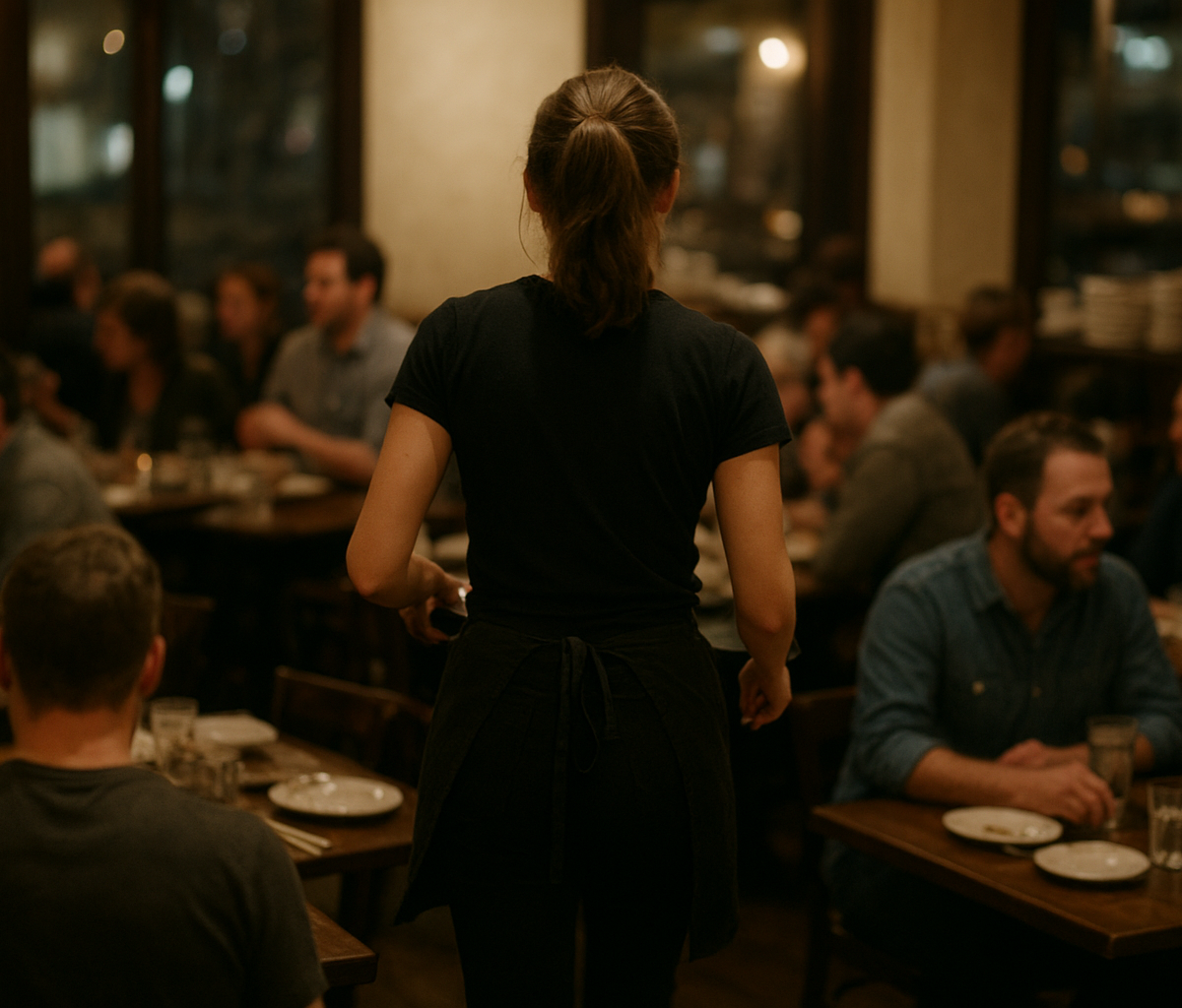 Restaurant manager reviewing floor plan during a busy dinner service