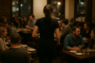Restaurant manager reviewing floor plan during a busy dinner service
