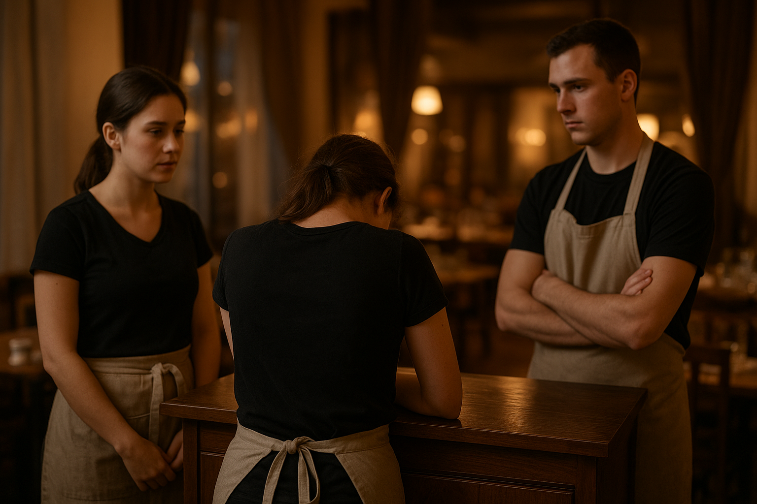 Restaurant manager reviewing shift schedule with tired servers before service