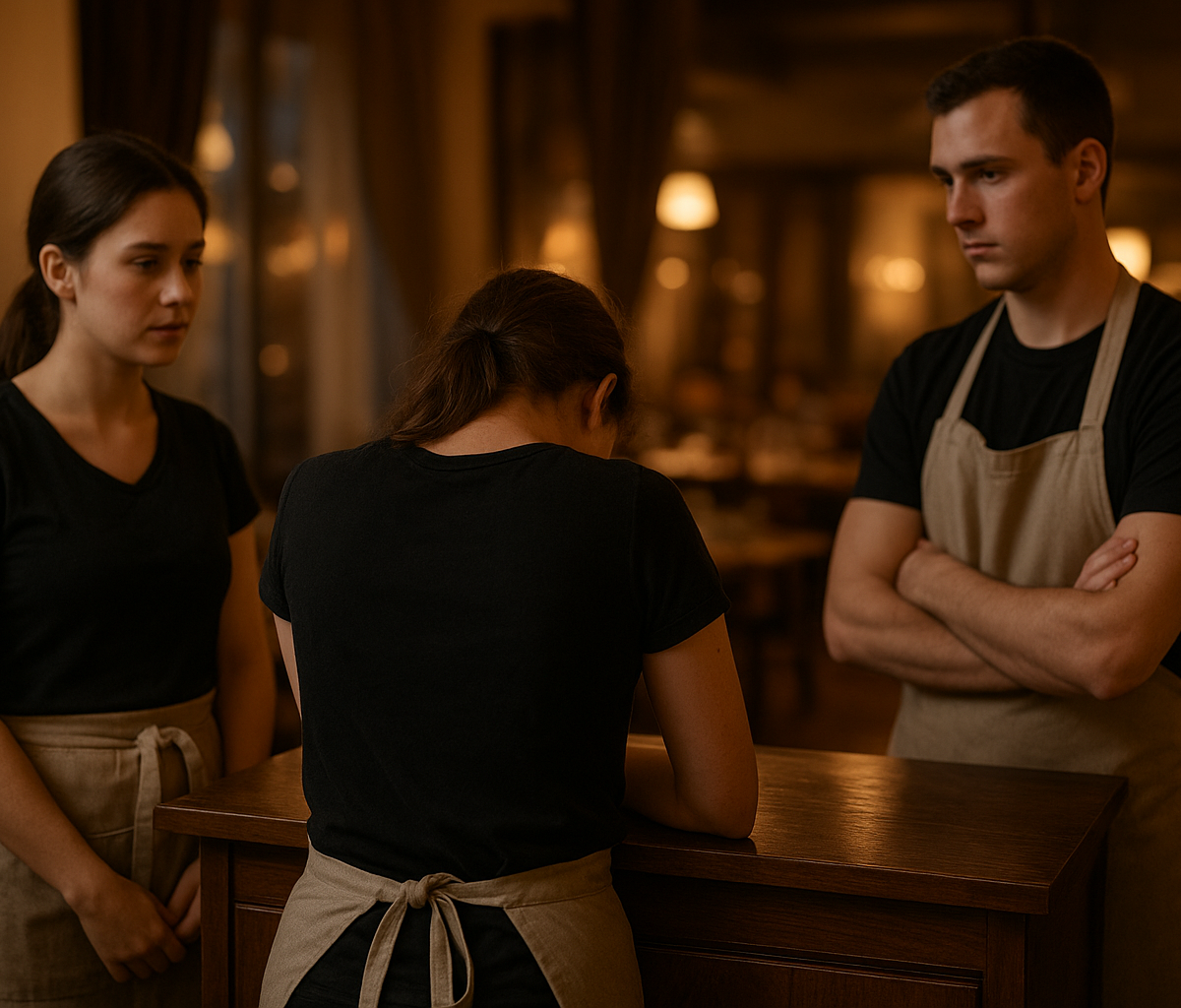 Restaurant manager reviewing shift schedule with tired servers before service