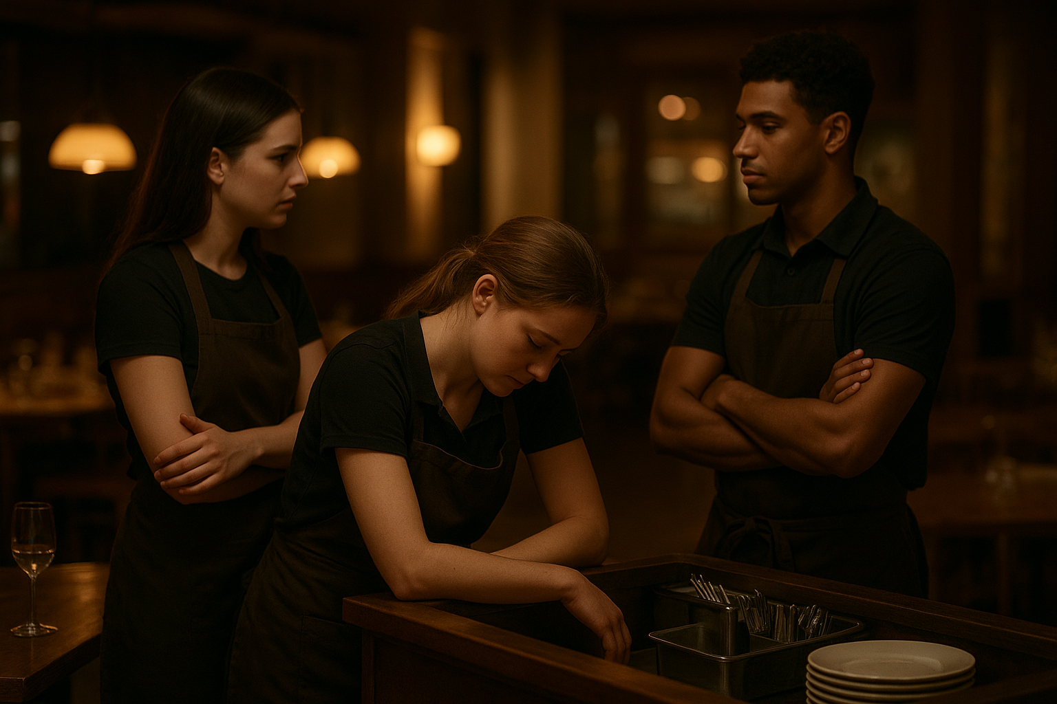 Restaurant manager reviewing shift coverage with tired servers after service