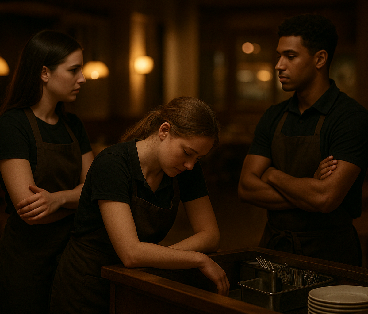 Restaurant manager reviewing shift coverage with tired servers after service