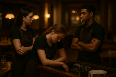 Restaurant manager reviewing shift coverage with tired servers after service