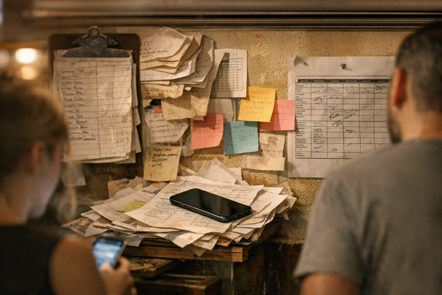 Restaurant manager checking staff messages during a busy kitchen shift