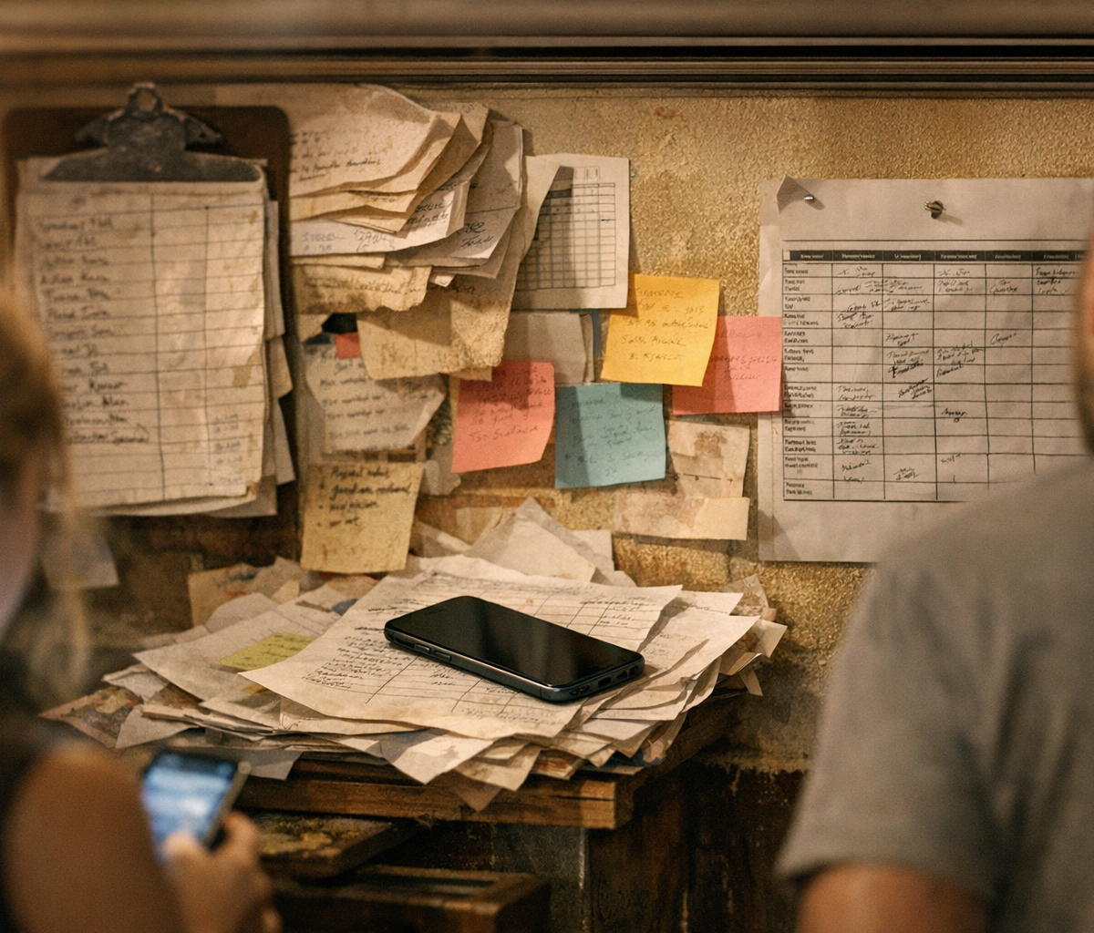 Restaurant manager checking staff messages during a busy kitchen shift