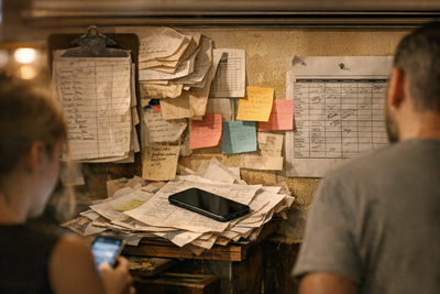 Restaurant manager checking staff messages during a busy kitchen shift