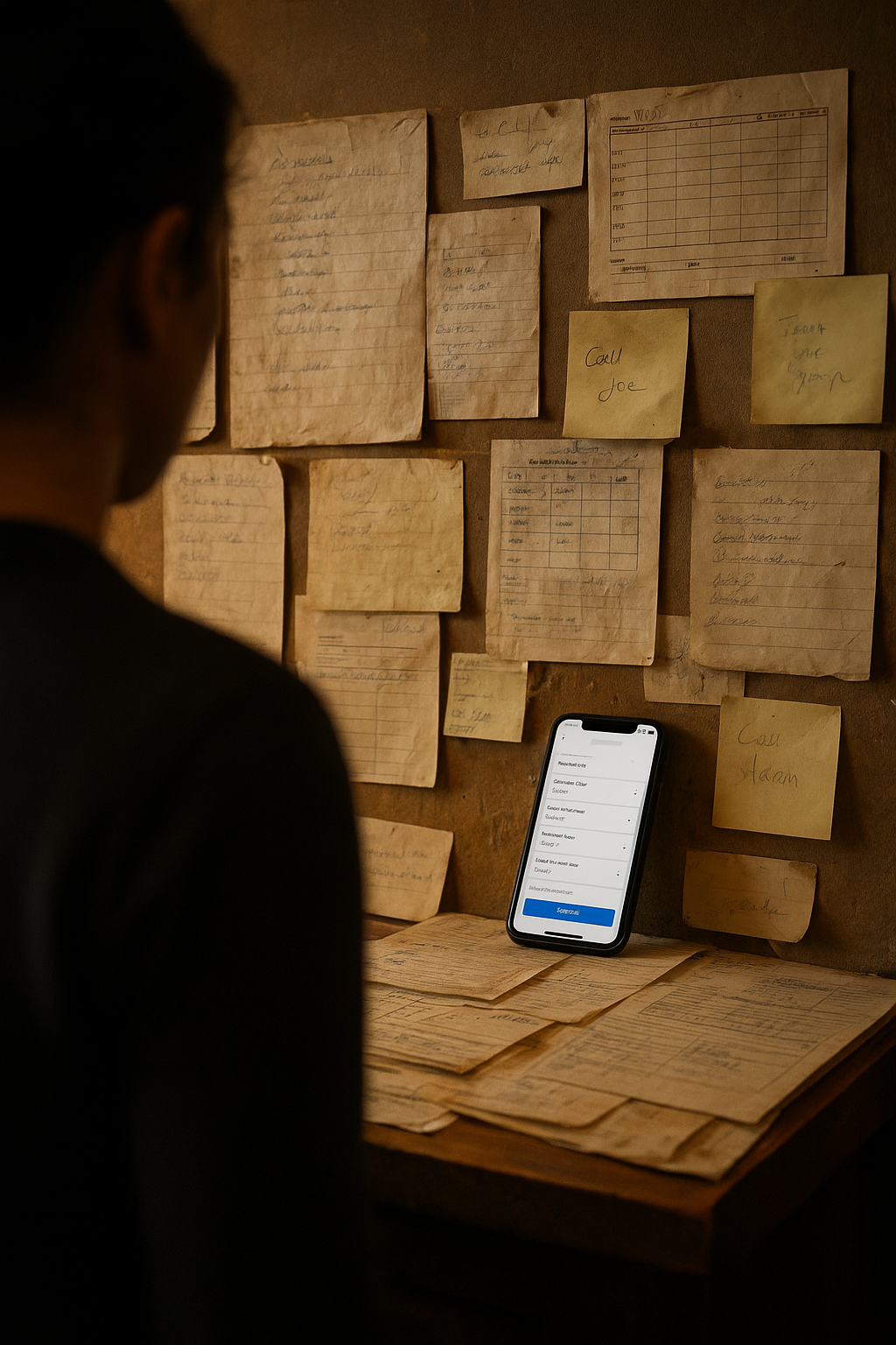 Restaurant manager checking phone beside printed schedule in busy kitchen