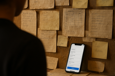 Restaurant manager checking phone beside printed schedule in busy kitchen