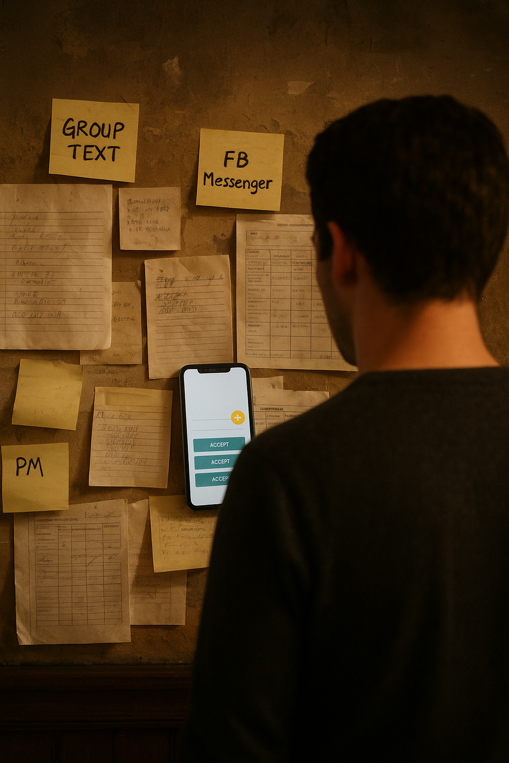 Restaurant manager reviewing shift coverage messages behind the host stand