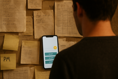 Restaurant manager reviewing shift coverage messages behind the host stand