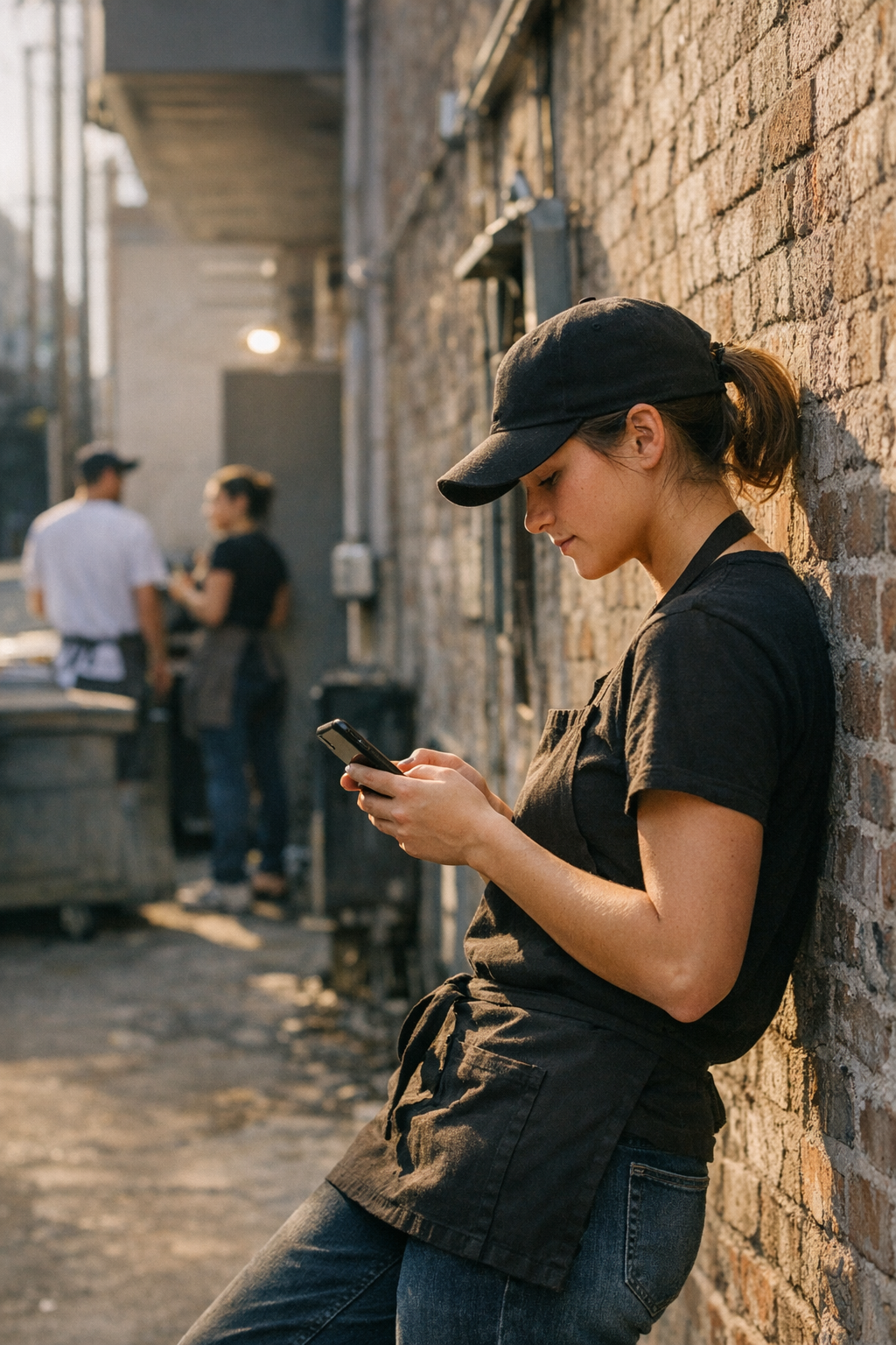 Restaurant manager reviewing shift schedule with young staff in busy dining room