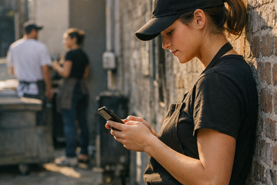 Restaurant manager reviewing shift schedule with young staff in busy dining room