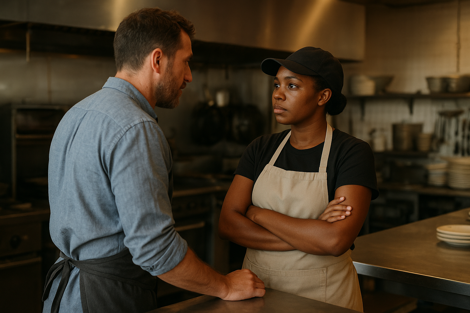 Restaurant manager reviewing schedule while kitchen staff work during dinner service