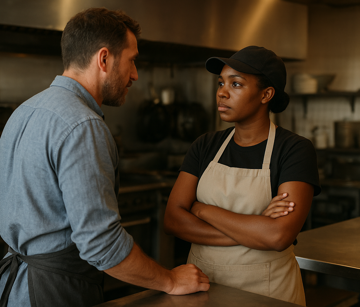 Restaurant manager reviewing schedule while kitchen staff work during dinner service