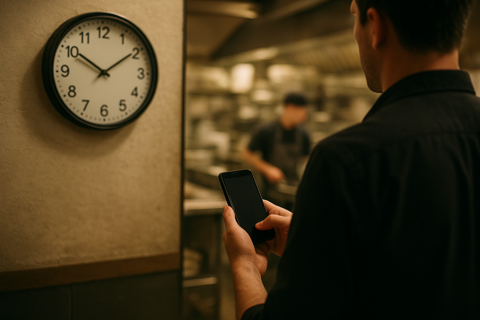 Restaurant manager checking schedule while kitchen staff work during service