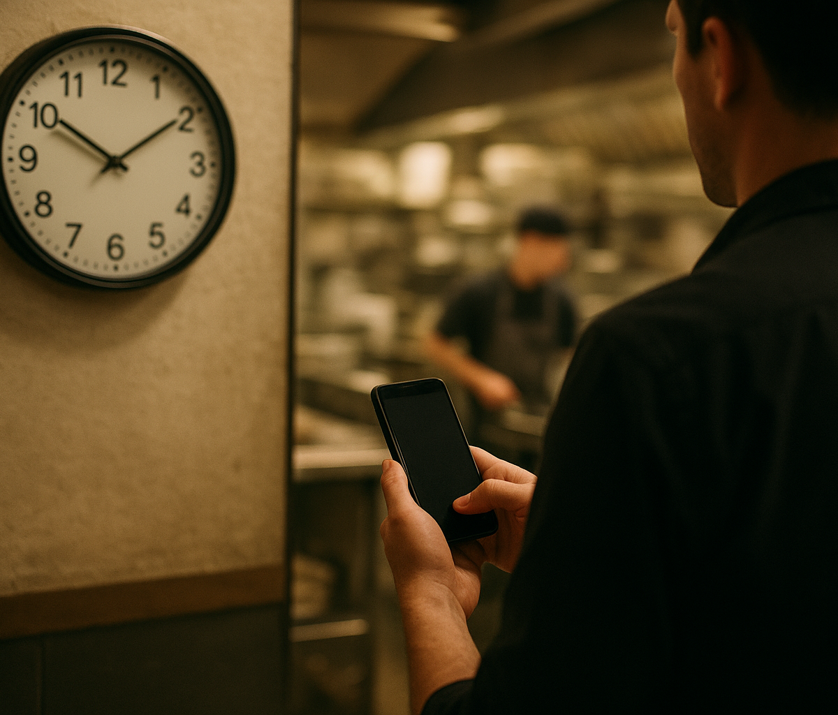 Restaurant manager checking schedule while kitchen staff work during service