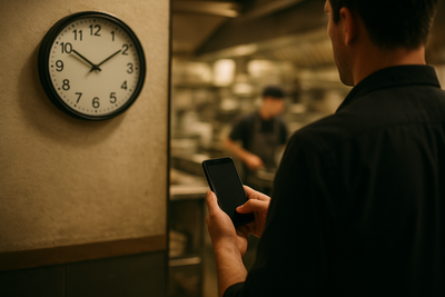 Restaurant manager checking schedule while kitchen staff work during service