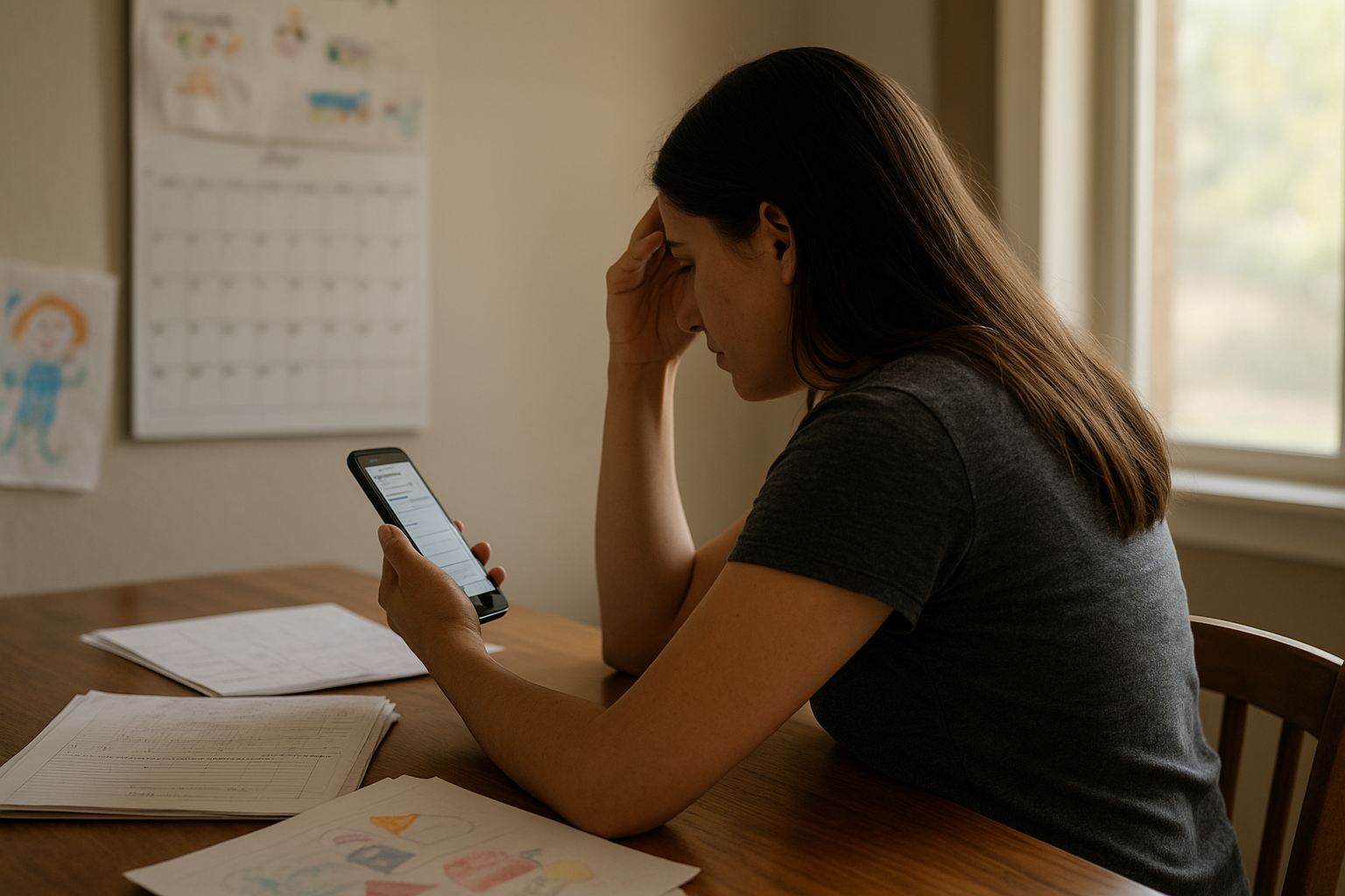 Restaurant manager reviewing weekly schedule while server checks phone in dining room