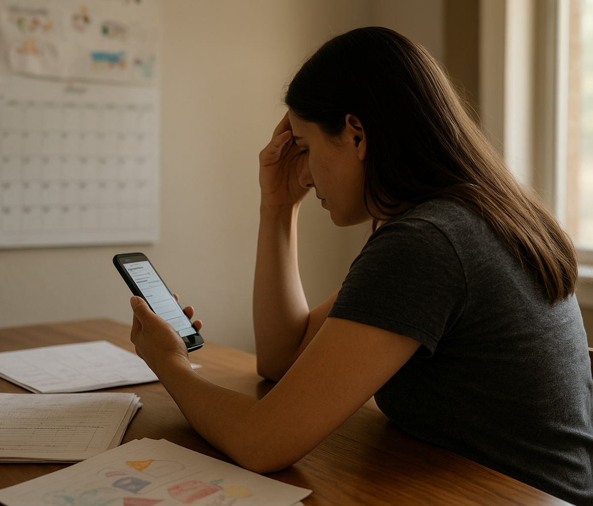 Restaurant manager reviewing weekly schedule while server checks phone in dining room