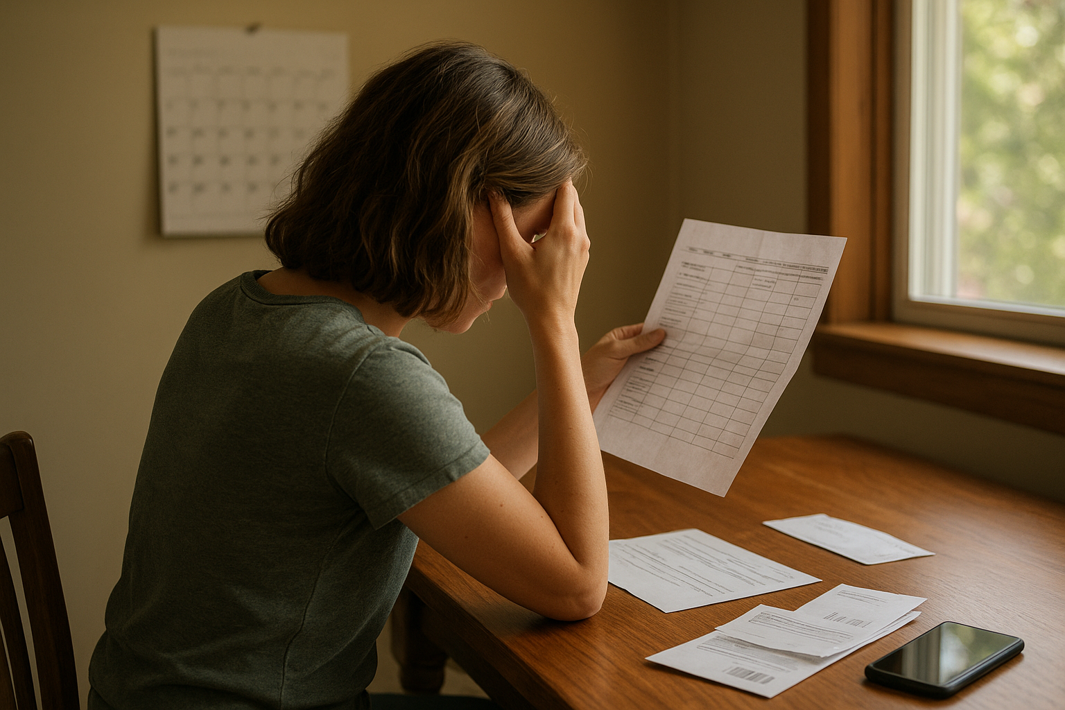 Restaurant manager reviewing weekly schedule while servers prep in dining room