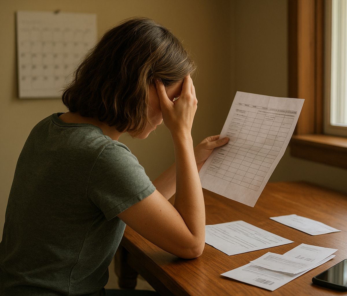 Restaurant manager reviewing weekly schedule while servers prep in dining room