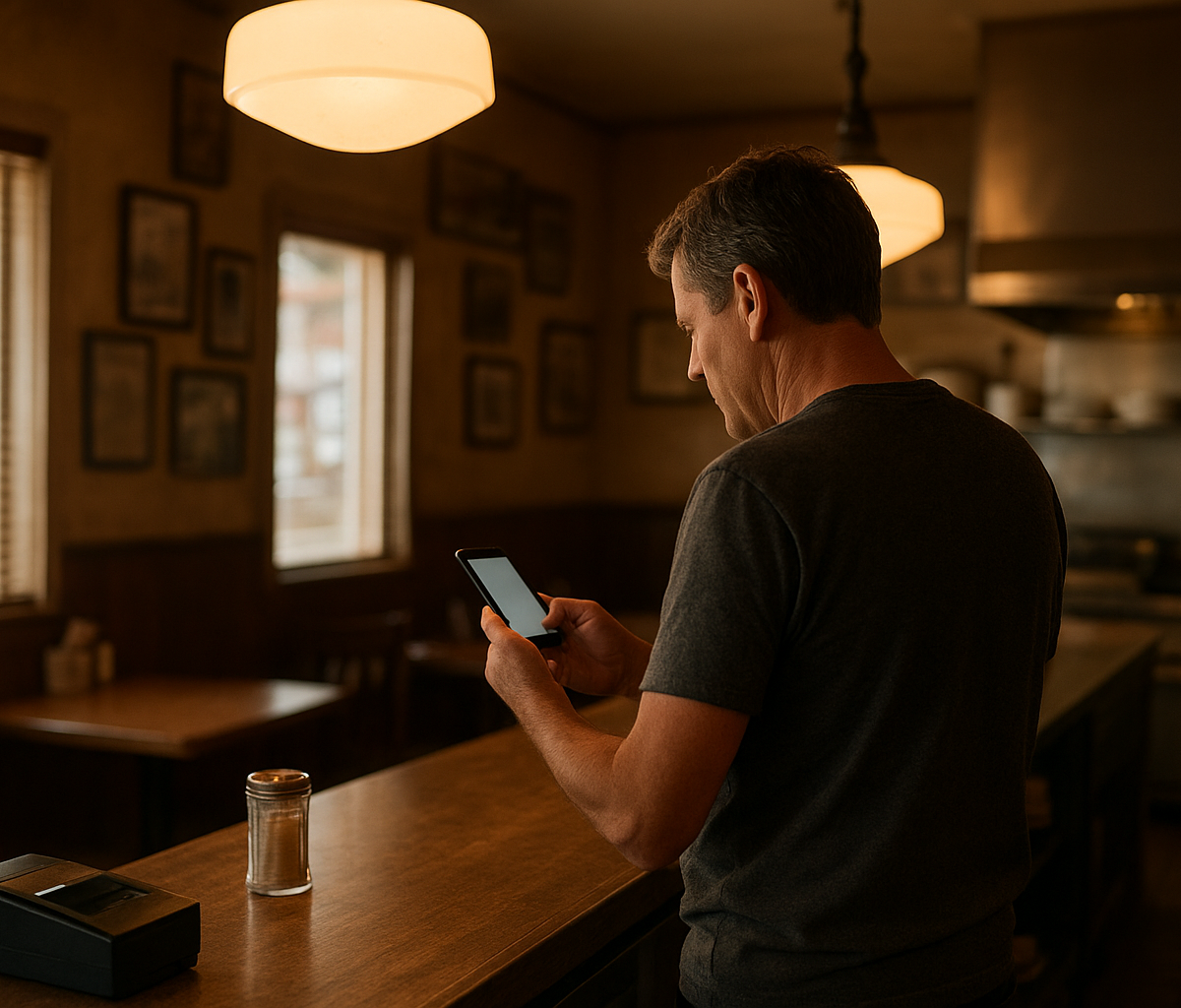Restaurant manager checking phone while staff prep in a busy kitchen