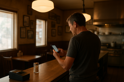Restaurant manager checking phone while staff prep in a busy kitchen