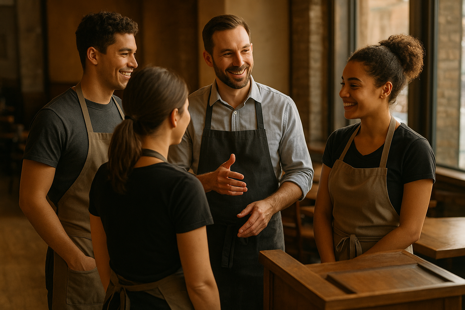 Restaurant manager checking phone while staff work during busy dinner service