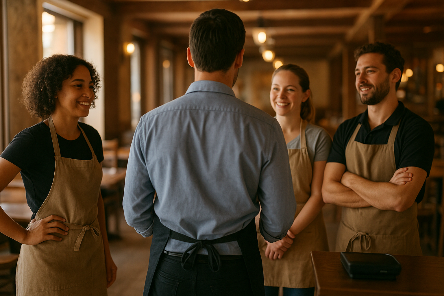 Restaurant manager checking schedule while staff work during busy service