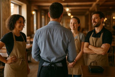 Restaurant manager checking schedule while staff work during busy service
