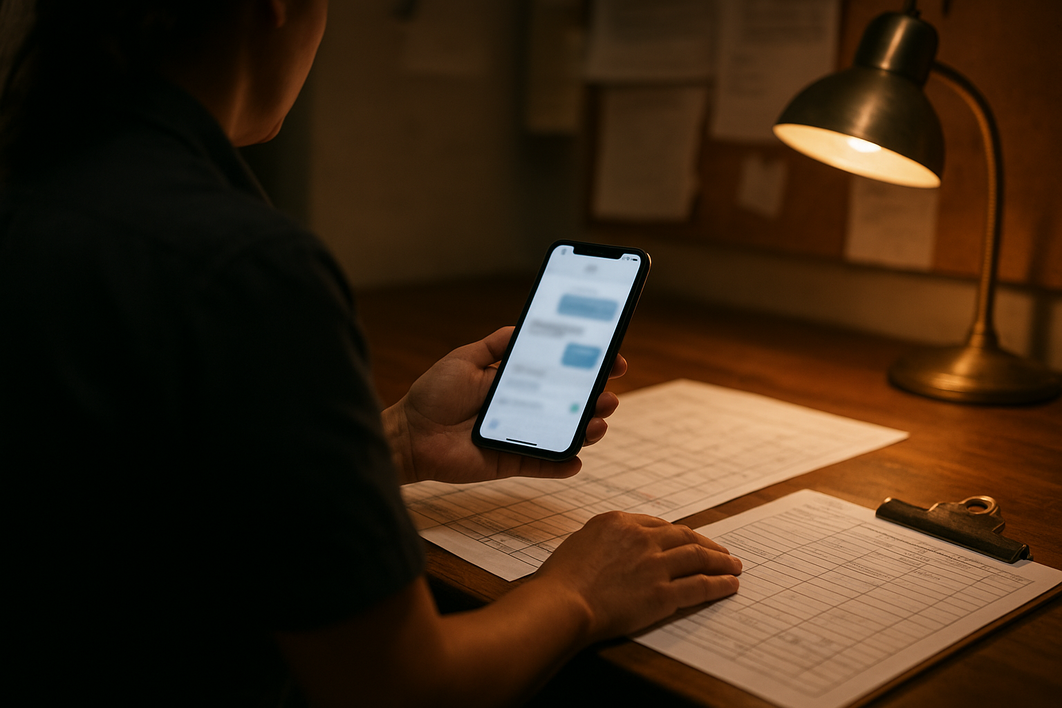 Restaurant manager checking phone while staff work in a busy kitchen
