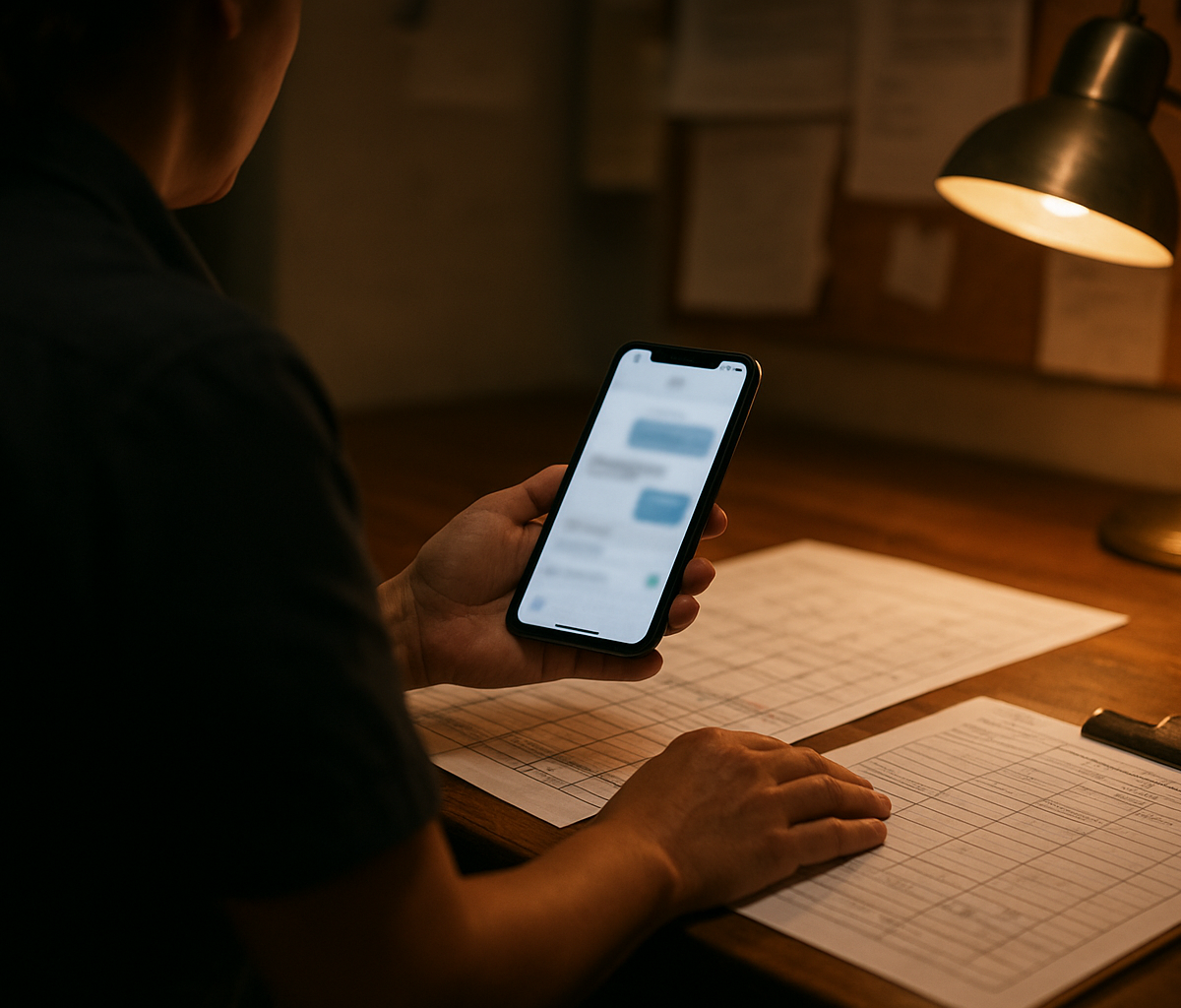 Restaurant manager checking phone while staff work in a busy kitchen