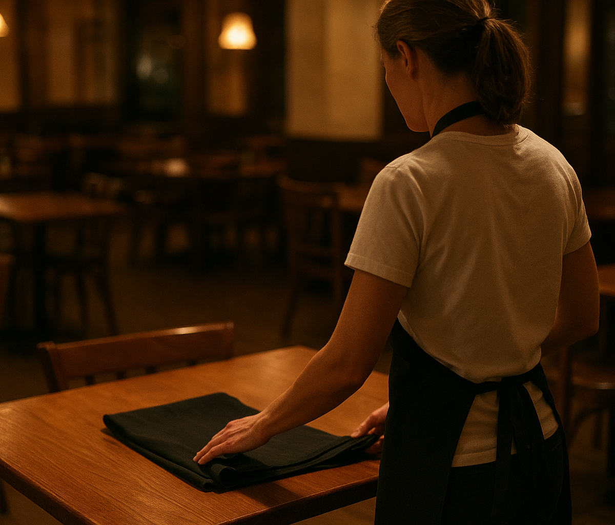 Restaurant manager speaking with tired line cook before dinner service