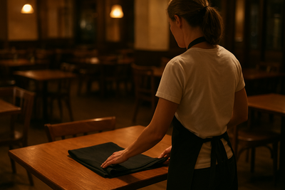Restaurant manager speaking with tired line cook before dinner service