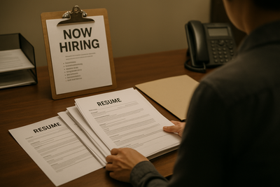 Restaurant manager reviewing staff schedule in office beside kitchen line